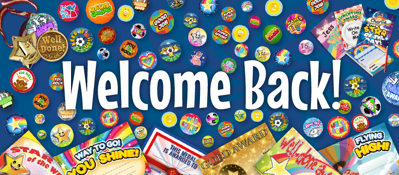 Welcome Back banner with colorful reward stickers, medals, and classroom awards on blue background