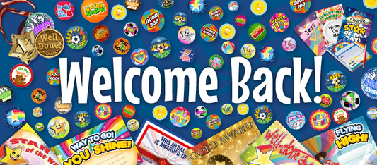 Welcome Back banner with colorful reward stickers, medals, and classroom awards on blue background