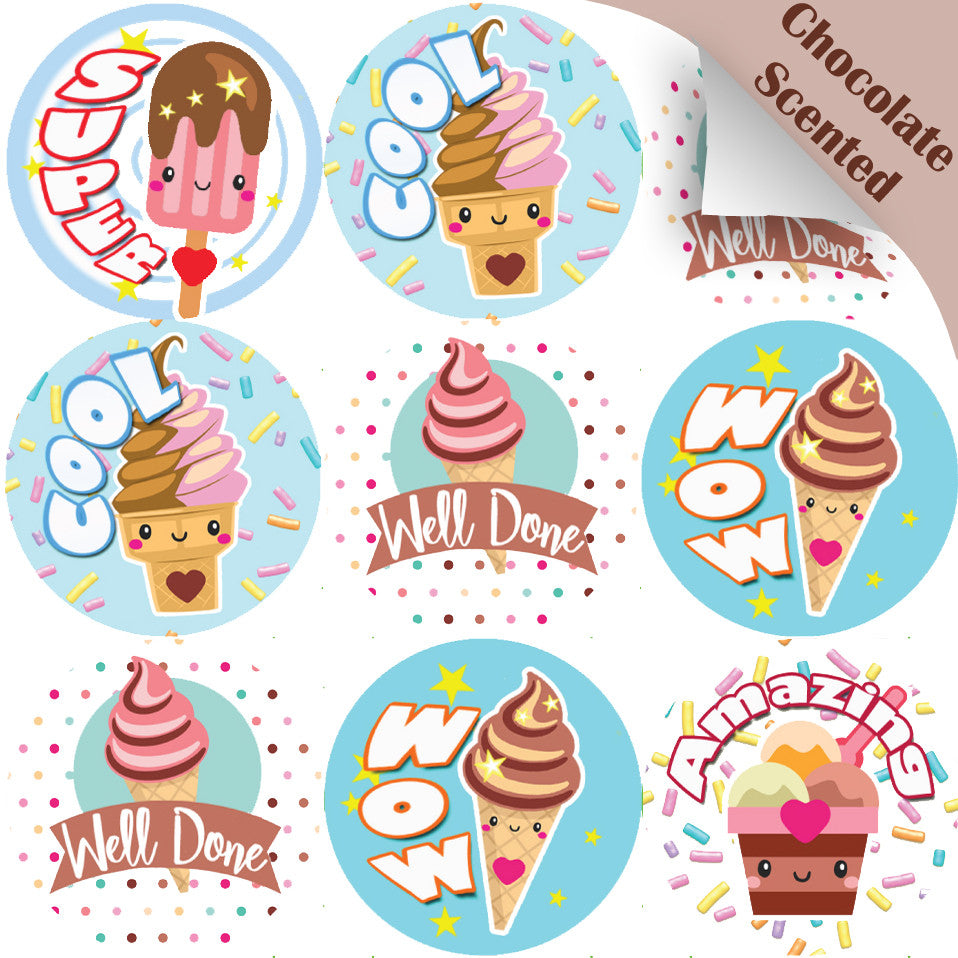 Sticker Stocker 120 Ice Cream Praise Words 30mm Chocolate Scented Reward Stickers for Teachers, Parents and Party Bags
