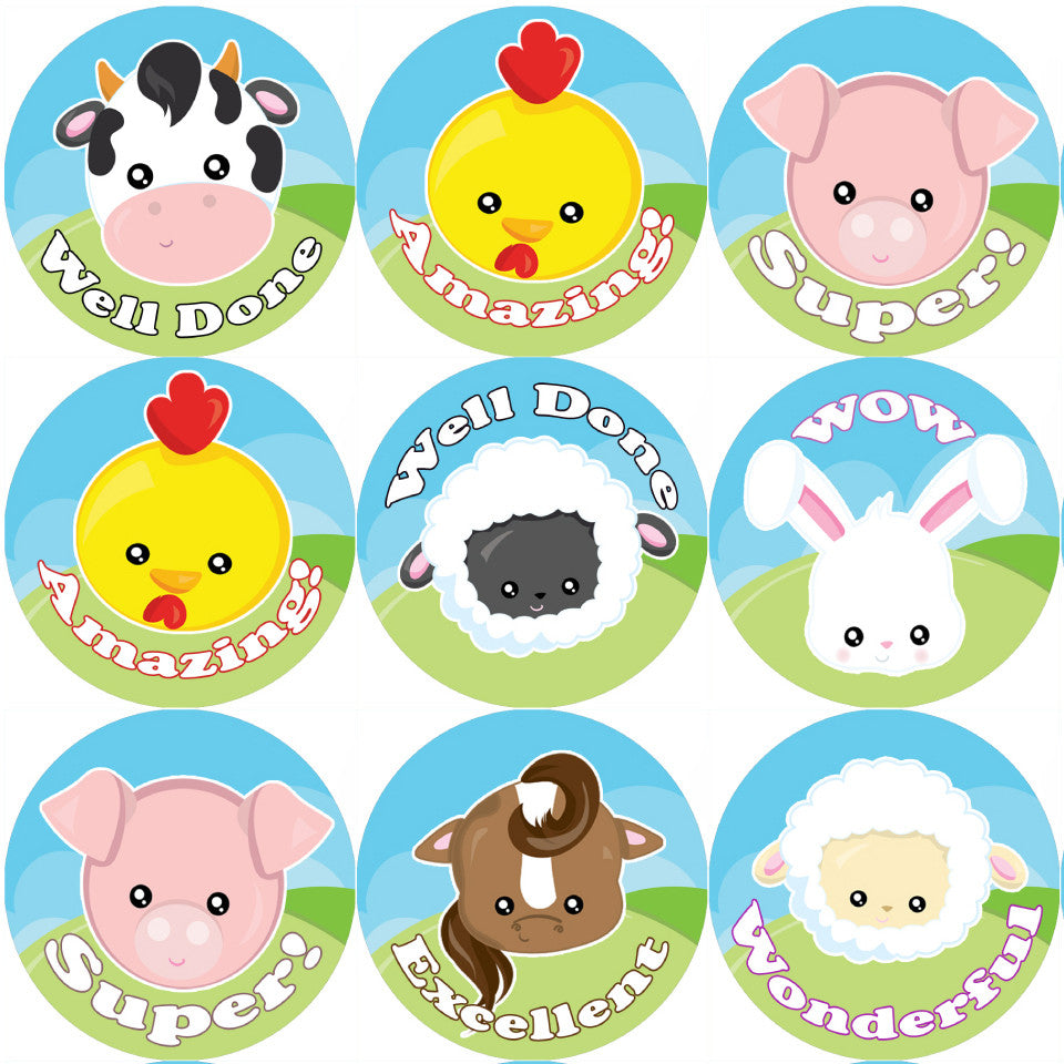 Sticker Stocker 144 Farmyard Animals Praise Words 30mm Stickers for Teachers, Parents and Party Bags