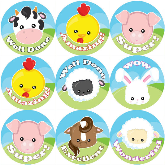 Sticker Stocker 144 Farmyard Animals Praise Words 30mm Stickers for Teachers, Parents and Party Bags