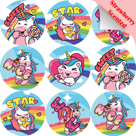 Sticker Stocker 120 Strawberry Unicorns 30mm Scented Reward Stickers for Teachers, Parents and Party Bags