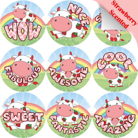 Sticker Stocker 120 Strawberry Cows 30mm Scented Reward Stickers for Teachers, Parents and Party Bags