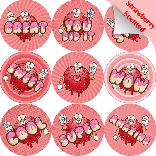 Sticker Stocker 120 Strawberry Doughnut 30mm Scented Reward Stickers for Teachers, Parents and Party Bags