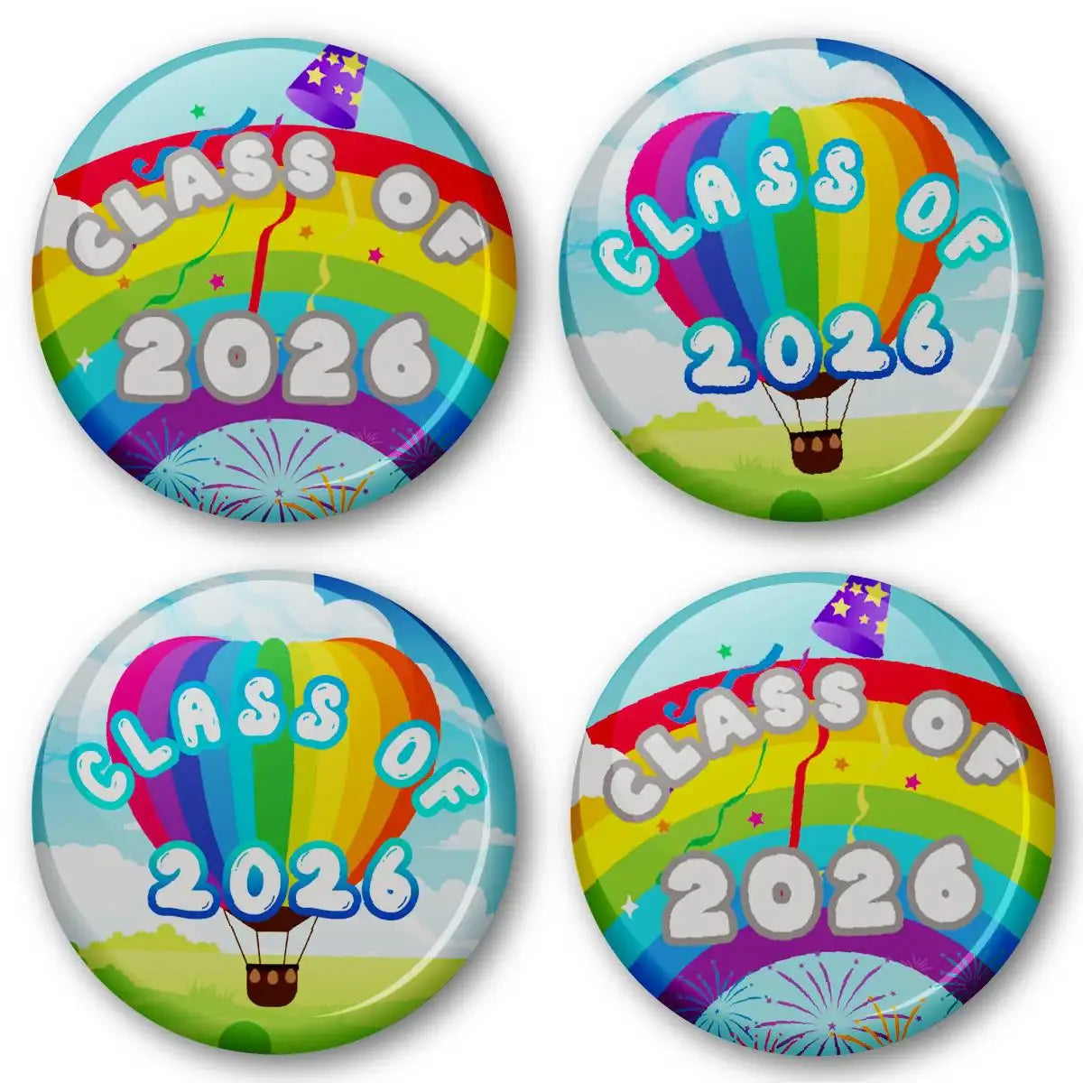 Class of 2026 stickers with rainbow and hot air balloon designs, colorful rewards for students