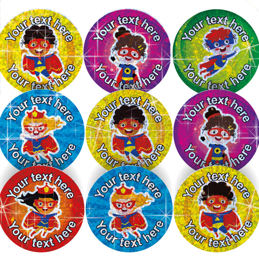 Sticker Stocker - 144 Personalised Sparkle Superhero Party 30mm Reward Stickers + 90 Free Sparkle Smiles for School Teachers, Parents and Nursery