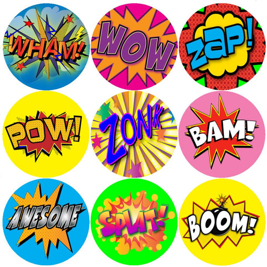 144 Superhero Action Words 30mm Comic Reward Stickers for Teachers, Parents and Party Bags