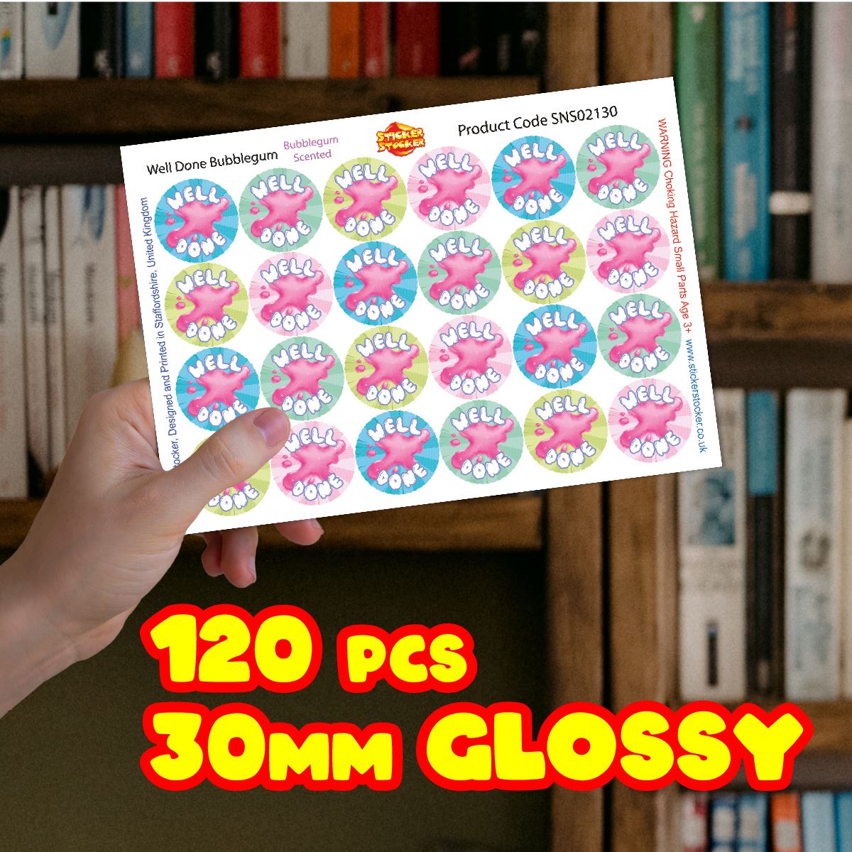 120 Bubblegum Well Done 30mm Bubble Gum Scented Reward Stickers for Teachers, Parents and Party Bags