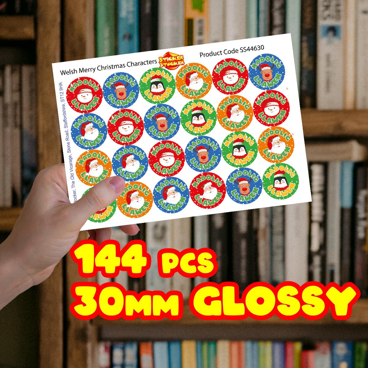 144 Welsh Christmas/Nadolig Llawen Characters 30mm Reward Stickers for Teachers, Parents