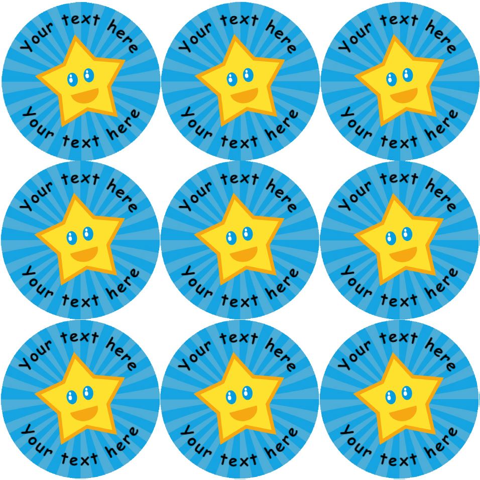 144 Happy Star Personalised (Blue Background) 30mm Reward Stickers for School Teachers, Parents and Nursery