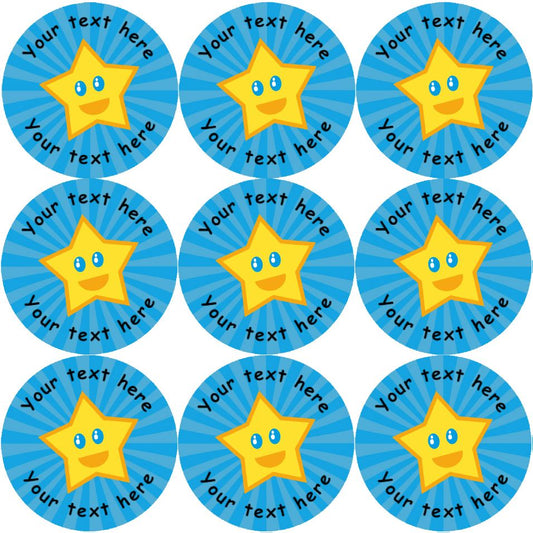 144 Happy Star Personalised (Blue Background) 30mm Reward Stickers for School Teachers, Parents and Nursery