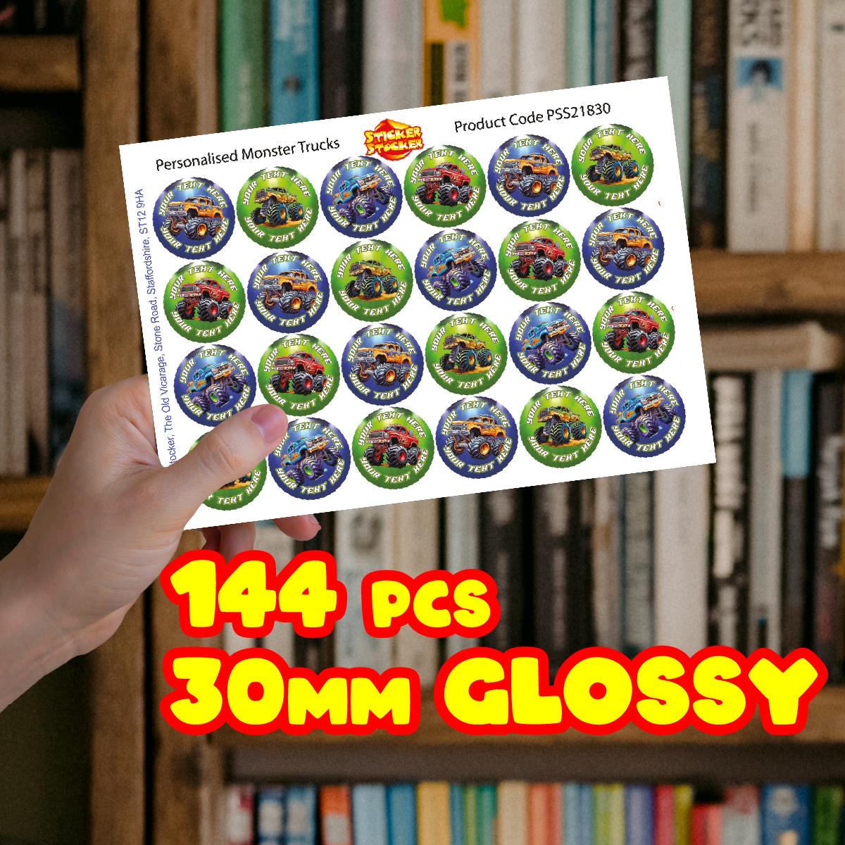 144 Monster Truck Personalised 30mm Children's Reward Stickers for Teachers or Parents and Party Bags