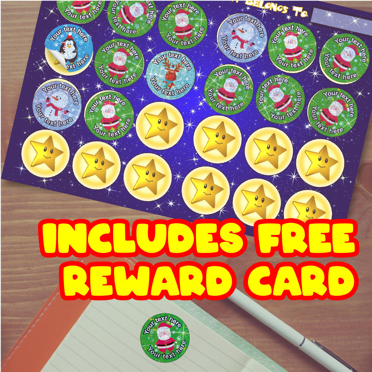 144 Personalised Sparkle Christmas Friends 30mm Reward Stickers + 90 Free Sparkle Smiles for School Teachers, Parents Nursery
