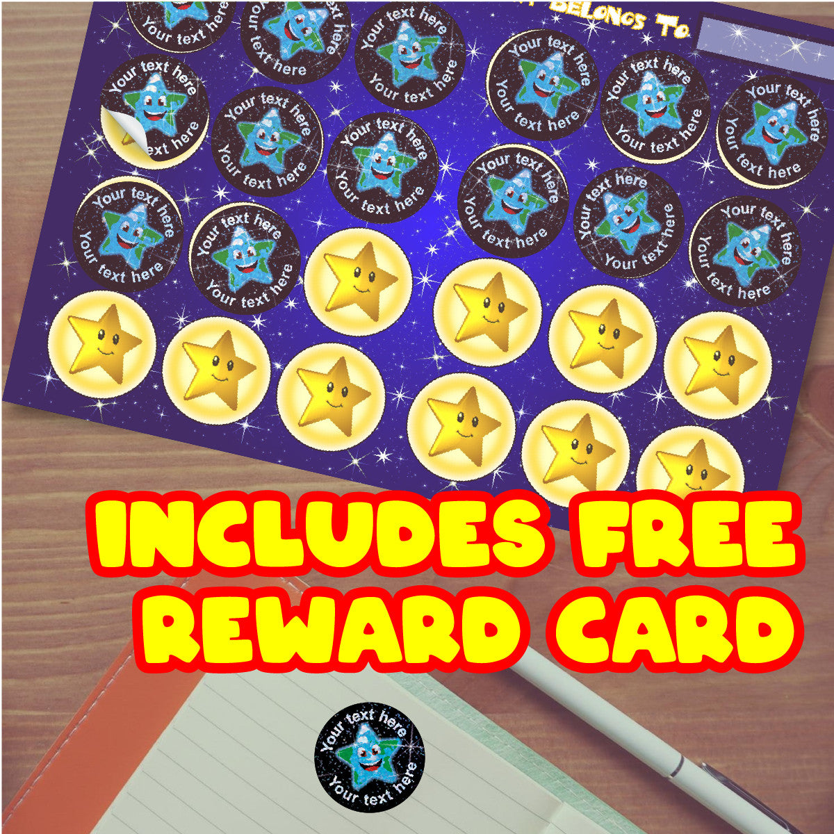 Sticker Stocker - 144 Personalised Sparkle Star 30mm Reward Stickers + 90 Free Sparkle Smiles for School Teachers, Parents Nursery