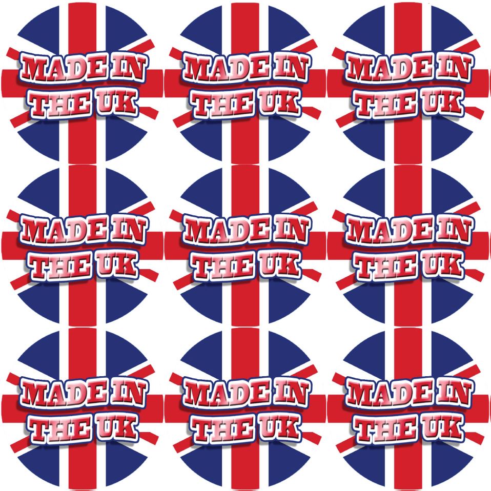 144 Made in the UK 30mm Union Jack Stickers Glossy Great Britain Labels