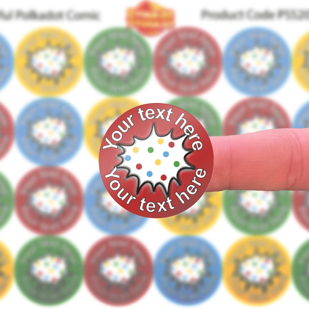 144 Personalised 30mm Colourful Polkadot Comic Reward Stickers for School Teachers, Parents and Nursery