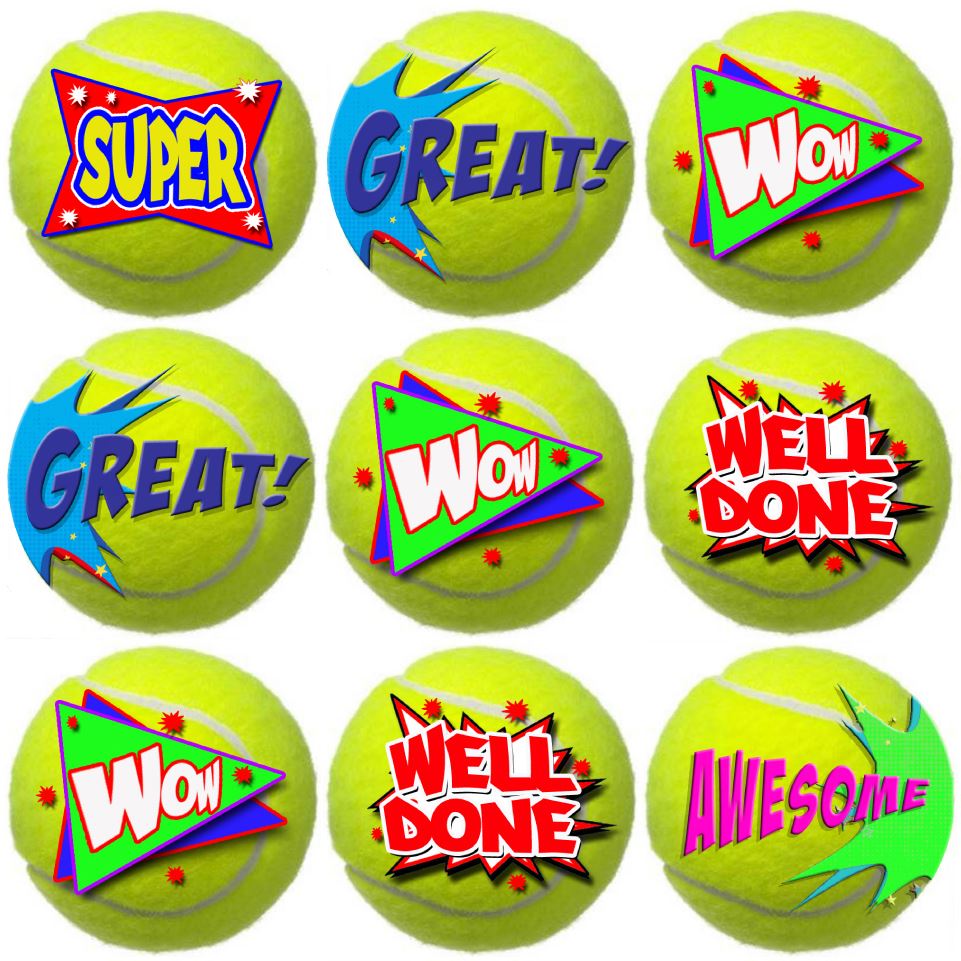 144 Tennis Praise Words 30mm Reward Stickers for Teachers, Parents and Party Bags