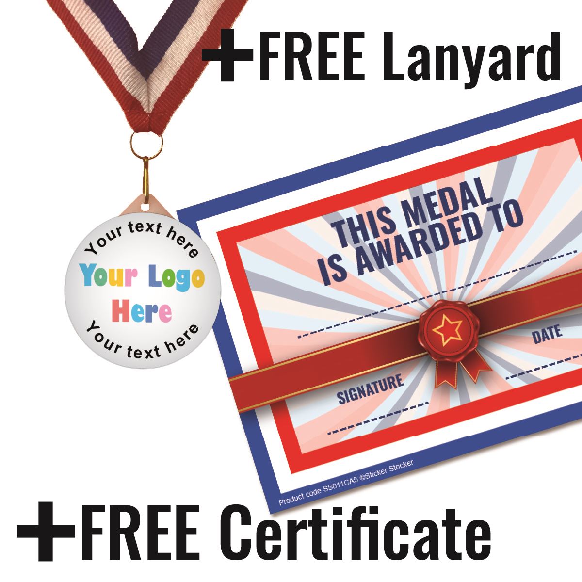 Create Your Own Medal - Personalise with your own image and text 55mm Large Plastic Medal FREE Ribbon and Certificate