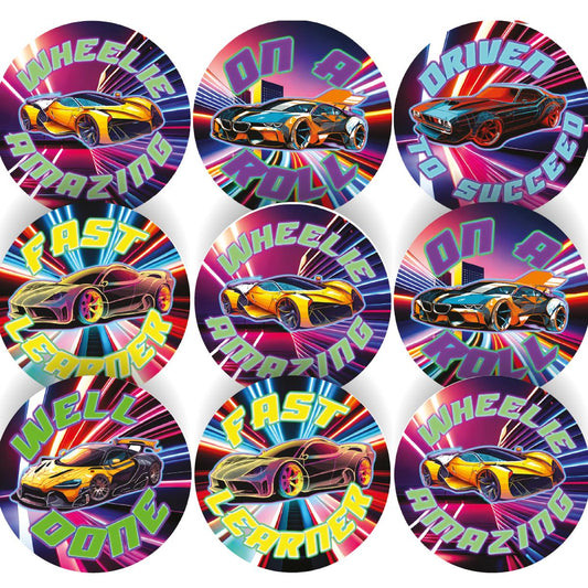 144 Cool Car Praise Words Children's Reward Stickers - 30mm - Teacher Parents School