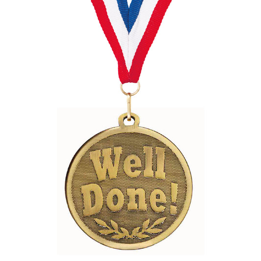Well Done Medal with FREE Ribbon and Certificate 45mm Metal Gold