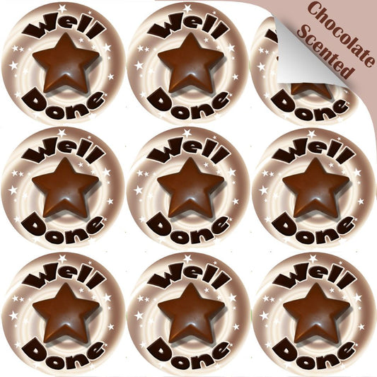 120 Chocolate Well Done Star 30mm Scented Reward Stickers for Teachers, Parents and Party Bags