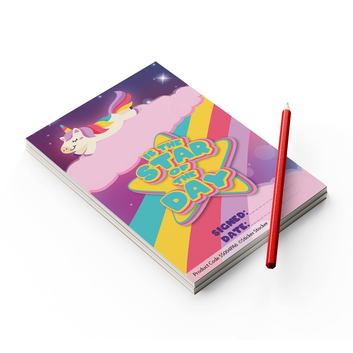 A6 Praise Note Pad 100 Sheet Incentive Chart Rewards - Star of the Day Rainbow Unicorn