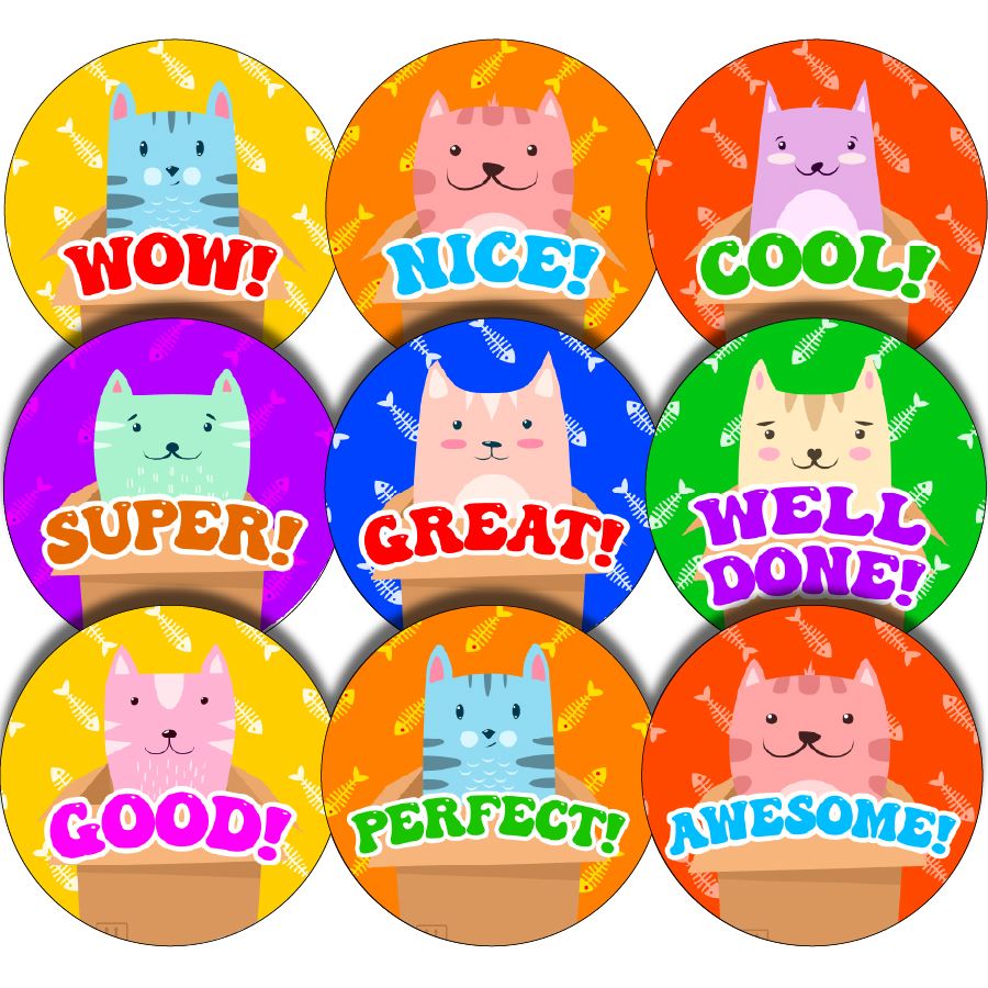 144 Colourful Cool Cats - 30mm - Glossy Reward Stickers for Teachers & Parents