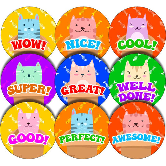 144 Colourful Cool Cats - 30mm - Glossy Reward Stickers for Teachers & Parents
