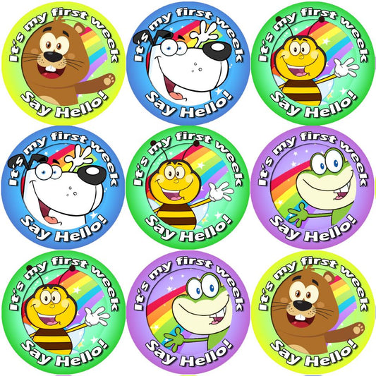 144 It's my first week, say hello 30mm Introduction Stickers for Teachers, Parents and Party Bags