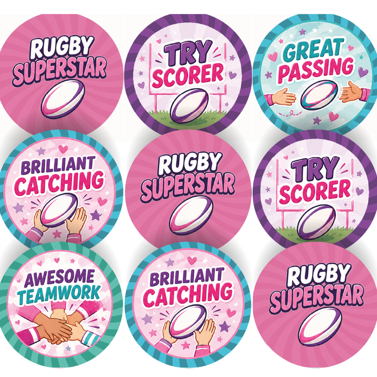 144 Girls Rugby Praise Words - 30mm - Glossy Reward Stickers for Teachers, Coaches & Parents