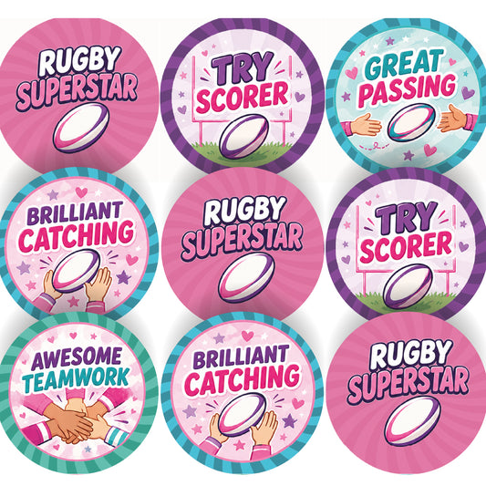 144 Girls Rugby Praise Words - 30mm - Glossy Reward Stickers for Teachers, Coaches & Parents