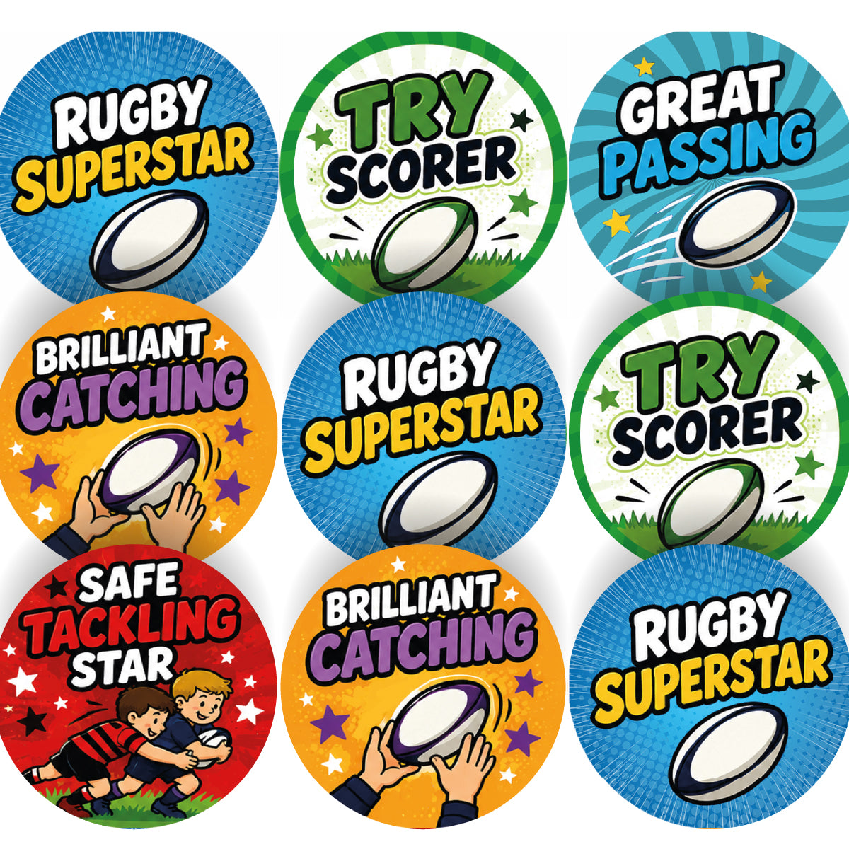 144 Rugby Praise Words - 30mm - Glossy Reward Stickers for Teachers, Coaches & Parents