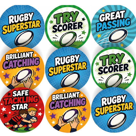 144 Rugby Praise Words - 30mm - Glossy Reward Stickers for Teachers, Coaches & Parents