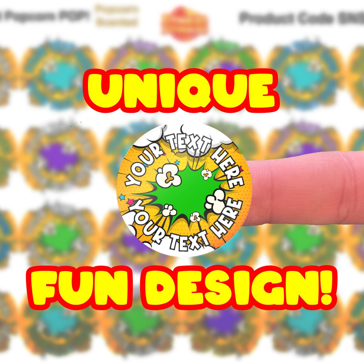 120 Popcorn POP! Scented Personalised Stickers - 30mm - School Teachers Parents