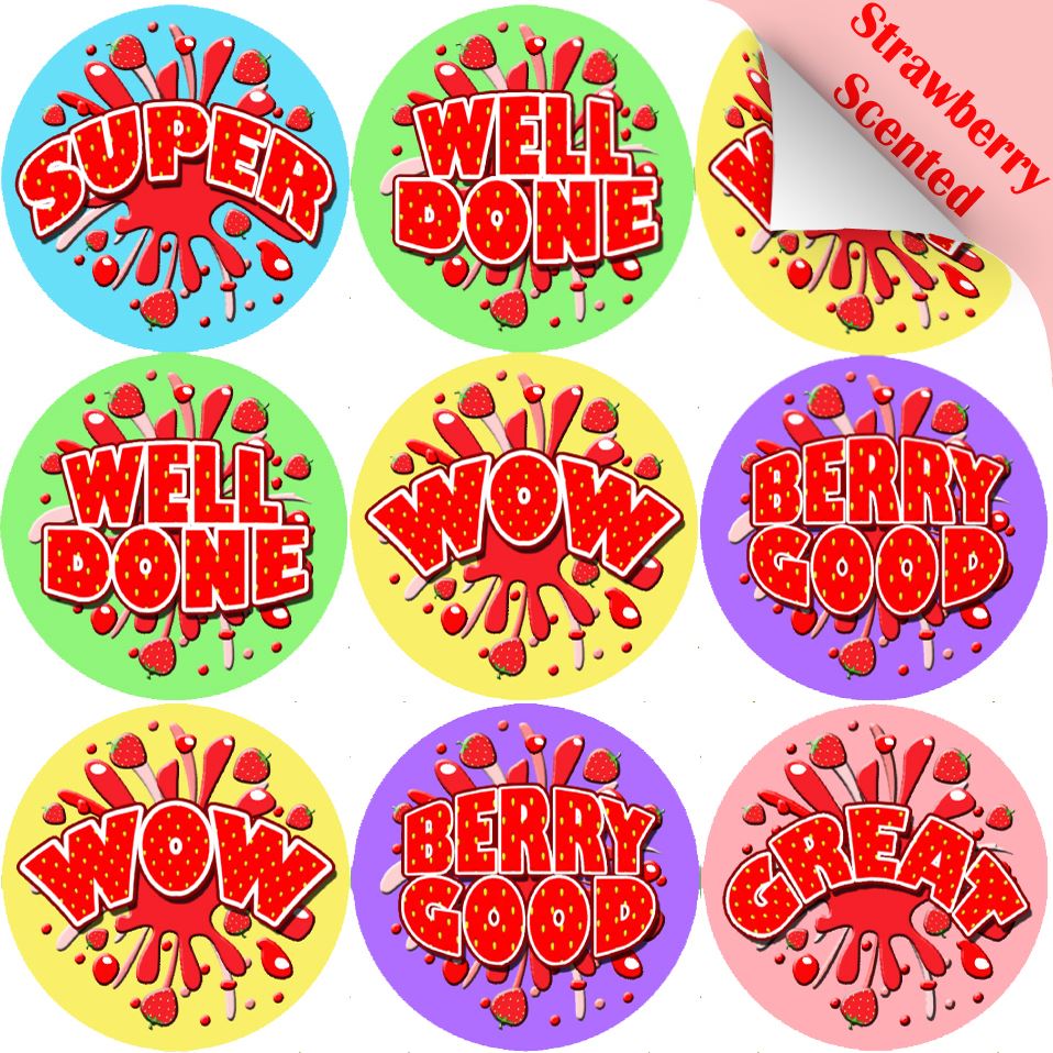 120 Strawberry Burst 30mm Scented Reward Stickers for Teachers, Parents and Party Bags