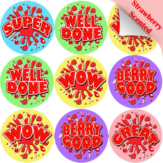 120 Strawberry Burst 30mm Scented Reward Stickers for Teachers, Parents and Party Bags