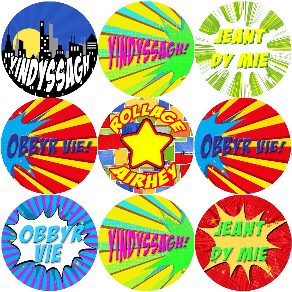 144 Superhero Comic Manx Gaelic Praise Words 30mm Reward Stickers for Teachers, Parents