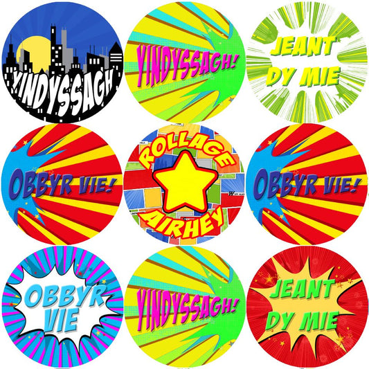 144 Superhero Comic Manx Gaelic Praise Words 30mm Reward Stickers for Teachers, Parents