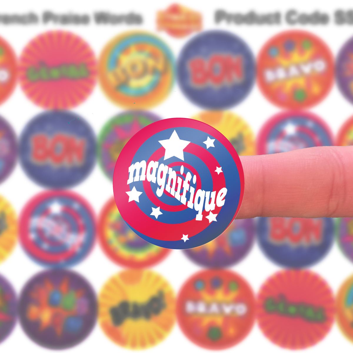 144 Funky French Praise Word Stickers - 30mm Glossy Reward Stickers for Teachers & Parents