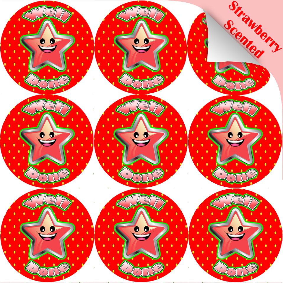120 Strawberry Well Done Star 30mm Scented Reward Stickers for Teachers, Parents and Party Bags