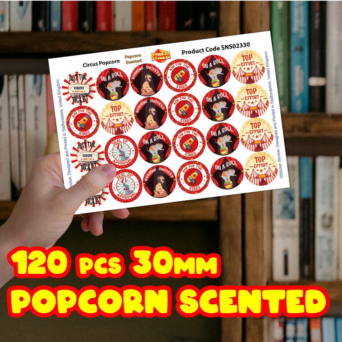 120 Popcorn Circus 30mm Popcorn Scented Reward Stickers for Teachers, Parents and Party Bags