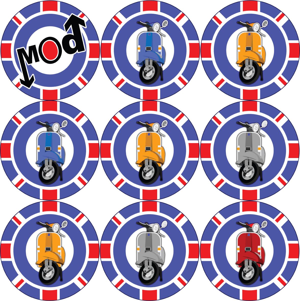 144 Mod Scooters Themed Stickers 30mm Glossy Labels
