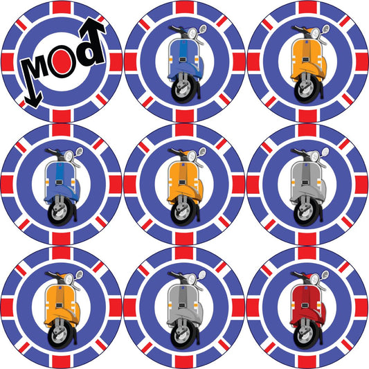 144 Mod Scooters Themed Stickers 30mm Glossy Labels