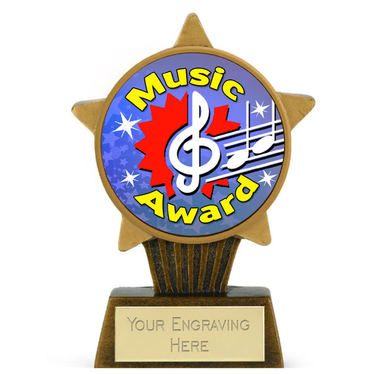 Music award trophy with musical note design and customizable engraving plate
