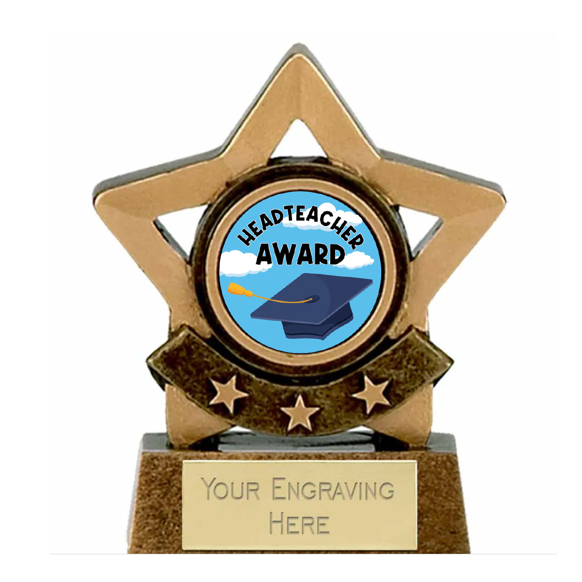Mini Gold Star Headteacher Award Trophy 8cm Resin FREE engraving and Certificate