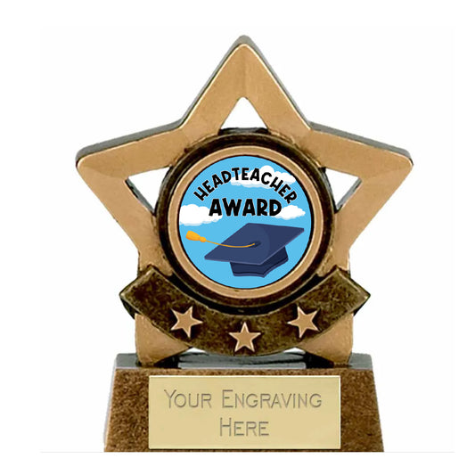 Mini Gold Star Headteacher Award Trophy 8cm Resin FREE engraving and Certificate