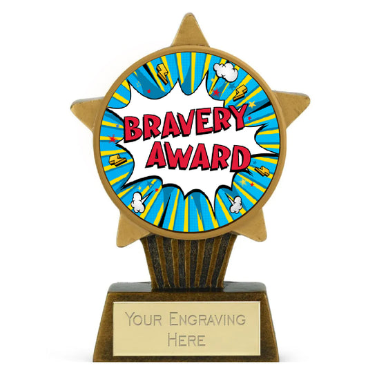 Colorful Bravery Award trophy with comic-style design and customizable engraving plate