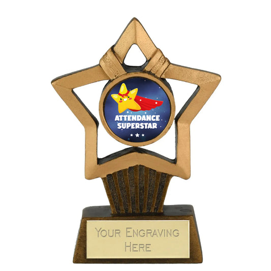 Mini Star Plus Attendance Gold Star Award Trophy 10cm Resin FREE engraving and Certificate