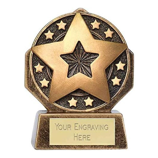 Sticker Stocker - Mini Peak Shield Star Award Trophy 8cm Resin FREE engraving and Certificate