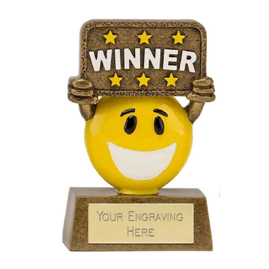 Sticker Stocker - Mini Winner Smiling Happy Face Award Trophy 9cm Resin FREE engraving and Certificate